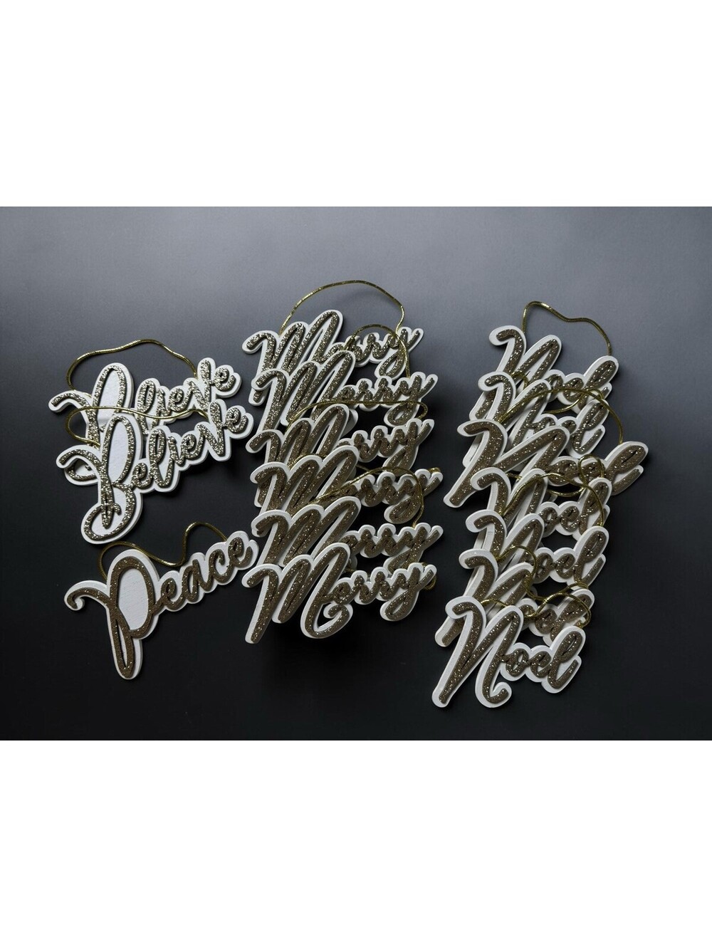 Wood Christmas Die Cut Ornaments, Gift Tags, Noel, Peace, Believe, Merry, Gold16